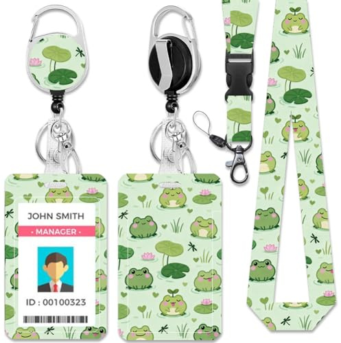 CHGCRAFT Porte Badges D'Identification en Forme de Grenouilles Étiquette Rectangulaire en Plastique avec Nom et Libellules Fleurs de Lotus dans L'Étang Cartes D'Identité avec Fermoir 4.3 × 2.75 pouces