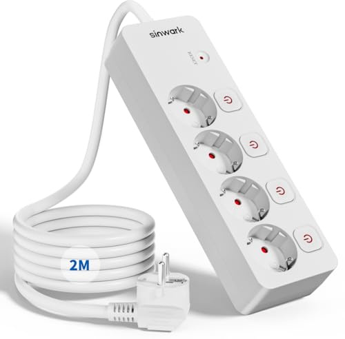 Sinwark Steckdosenleiste Einzeln Schaltbar 4fach, Power Strips, mit üBerspannungsschutz,with Child Safety Lock,Thickened and Widened Conductive Sheet,16 A/250V/3680 W,White (2M)