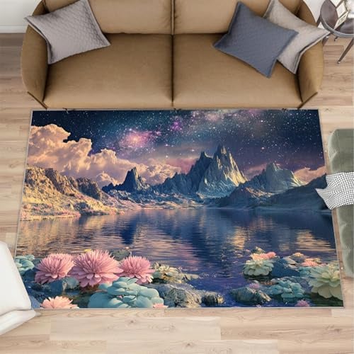 Sternenhimmel Seen Teppiche Wohnzimmer – 120 x 170 cm, Berge, Nachtvorleger für Schlafzimmer, verträumte Nachtsicht, Büro, Bodenteppiche, rutschfest, waschbar, für Küche, Mädchen, Kinderzimmer
