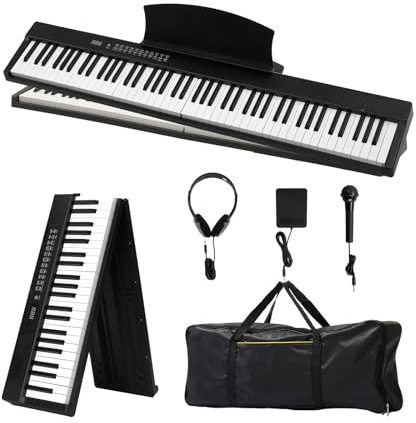 Bonnlo Piano Numérique Pliable GPPS01-106 à 88 touches, Clavier Semi-Lesté Standard, avec MIDI, Bluetooth, Sac à Main et Casque Audio Inclus, Noir