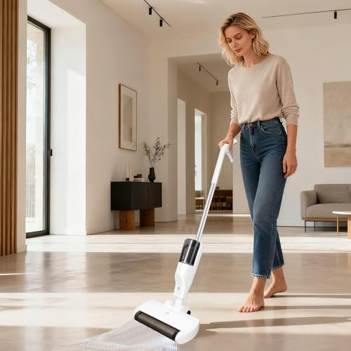 BRIEFNESS Elektro-Wischmopp & Scheuersauger 4-in-1 mit integriertem Sauger & rotierender Bürste für Hartböden, Laminat, Marmor und Fliesen