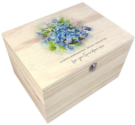 Personalised Watercolour Forget-Me-Not Keepsake Box | Bereavement & Sympathy Gift | Funeral Memorial Storage | Solid Natural Wood Remembrance Box | Custom Floral Tribute | W16cm x D11cm x H9cm