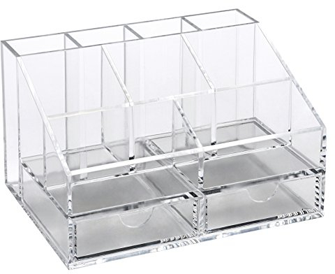 Osco Small Clear Acrylic Desk Organiser | 9 Compartments Plus 2 Drawers | Office Tidy | Stationery Storage | Pen Holder | Makeup sorter | Cosmetics Display | H10 x W16.5 D12 cm
