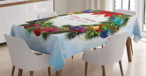 ABAKUHAUS Weihnachten Tischdecke, Rund Grün Kranz, Inn und Outdoor Bereich geeignet Waschbar Druck Klare Farben Kein Verblassen, 140 x 240 cm, Hellblau Grün