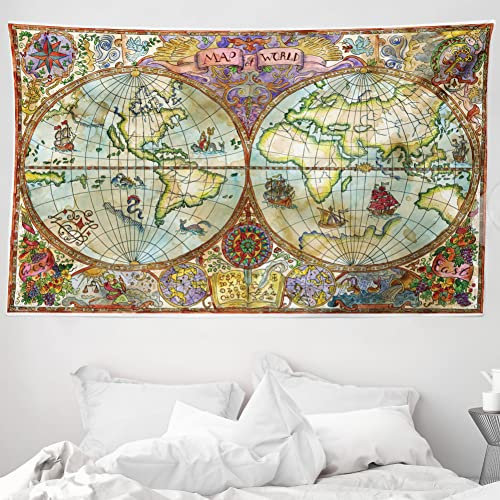 ABAKUHAUS Aquarell Wandteppich, Vintage Weltkarte Antike Grunge-Zeichnungen Mystische Abenteuer Entdeckung, aus Weiches Mikrofaser Stoff Wand Dekoration Für Schlafzimmer, 230 x 140 cm, Mehrfarbig