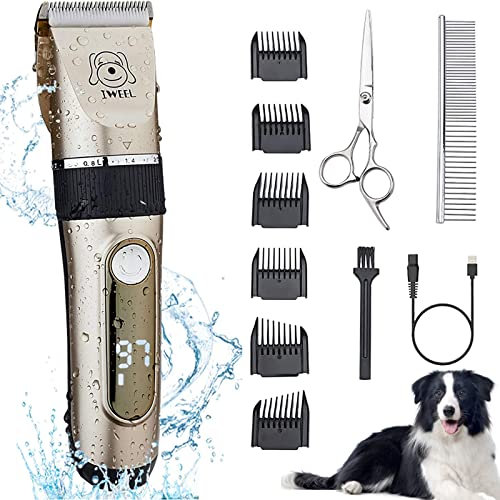 Dog Clippers, 2-Speed Professional Rechargeable Cordless Cat Shaver and Low Noise Water Proof Electric Dog Trimmer Pet Grooming Kit Animal Hair Clippers Tool with Scissors Combs