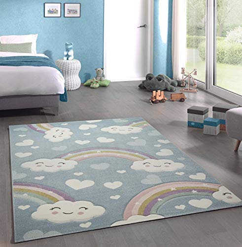 CARPETIA Kinderteppich Kinderzimmerteppich Babyteppich Regenbogen und Wolken blau Größe 140x200 cm