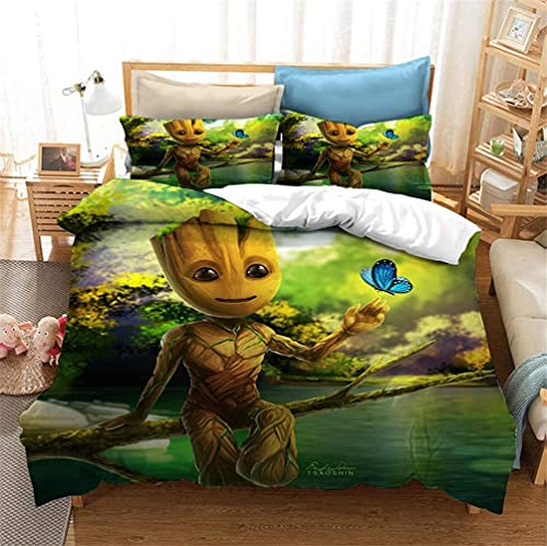 Agmdno Groot 3D-Bettwäsche Für Kinder,Mavel Bettwäsche,Mikrofaser,Bettbezug Und Kissenbezug,bettwäsche Jungen,3D Bettwäsche (C,135x200cm+80x80cmx1)