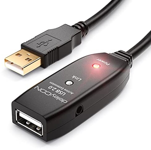 deleyCON 20m Cable de Extensión USB 2.0 Cable Repetidor con Señal de Amplificación 2 Activa de Salida USB Tipo A Macho a Entrada Tipo A Hembra - Negro