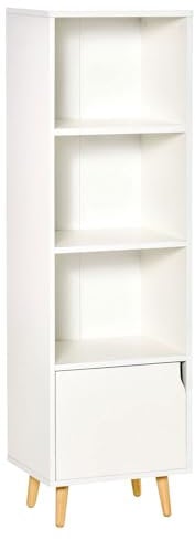 HOMCOM Scaffale Libreria in Legno, Libreria Bianca in Legno, con 3 Ripiani e 1 Armadietto, Design Moderno, Soggiorno, Ufficio, 40x30x129.5cm, Bianco