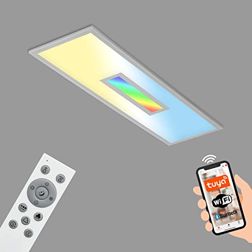 BRILONER - LED Deckenlampe flach Smart Home, funktioniert mit Alexa, buntes RGB+W Licht, Lampe, Deckenleuchte, Wohnzimmerlampe, LED Panel, Schlafzimmerlampe, 100x25x6 cm, Silberfarbig