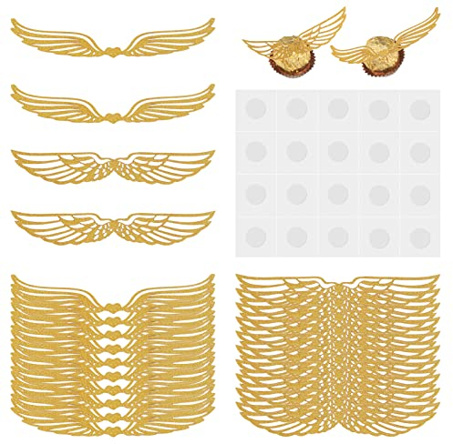 Bestomrogh 50 Pcs Golden Glitter Wings Chocolate Decoration,Snitch Wings Wizard Party Chocolate Decoration Cupcake Toppers