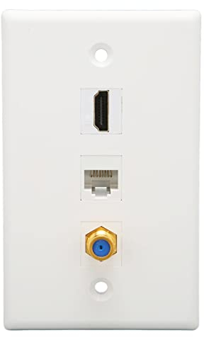 Goshyda HDMI Ethernet Coax Wall Plate, RJ45 Cat6 Keystone Jack, TV F Head, HD Multimedia Interface Keystone 3 Port Ethernet Wall Plate Soldering Free for HDTV Projector