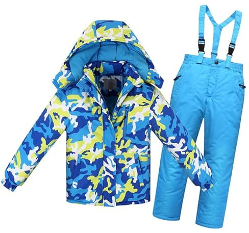 LSHDCER Tuta Da Sci Bambino Tuta Da Neve Bambino Giacca Soft Shell E Pantaloni Da Neve Caldo Invernale Sportiva Set, Camouflage Giallo Blu, 10/8-9 Anni