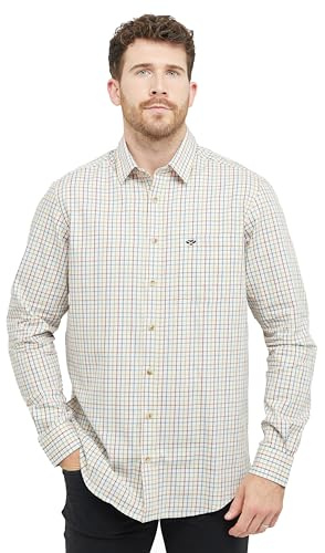 Hoggs of Fife Inverness Cotton Tattersall Shirt - Brown/Gold/Navy 100% Long Staple Cotton, Classic Collar Shape