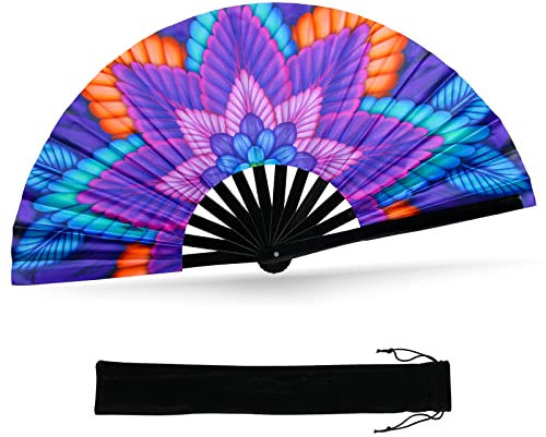 SYNTECSO Folding Hand Fan for Rave, UV Glow Fan, Large Bamboo Fan for Drag Queen, Women and Men Gift，Chinese Japanese Clack Fan for Parties, Music Festivals, EDM and Decoration