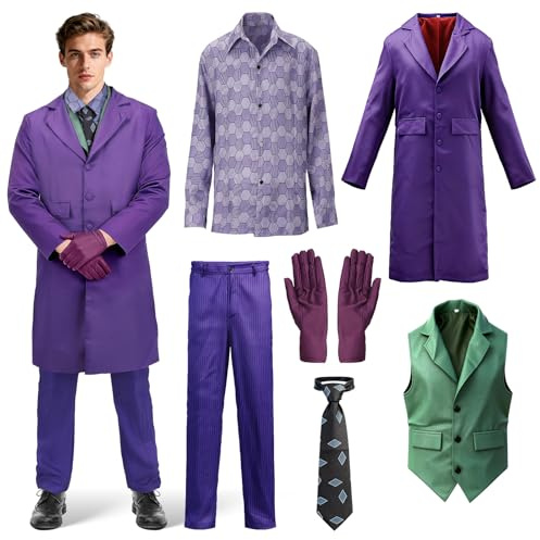 nezababy Joker Kostüm Clown Cosplay Outfit Mantel Hemd Weste Vollständige Anzüge Erwachsene Halloween Deluxe 6 Pcs Set Zubehör