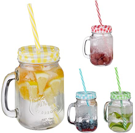Relaxdays Trinkgläser mit Deckel und Strohhalm, 4er Set Limonadengläser, 500 ml, Retro Sommergläser mit Henkel, bunt