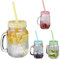Relaxdays Jarras con Tapa y Pajita, Set de 4 Jarritas Limonada, 500 ml, Vasos Retro Veraniegos con Asa, Multicolor, Acero