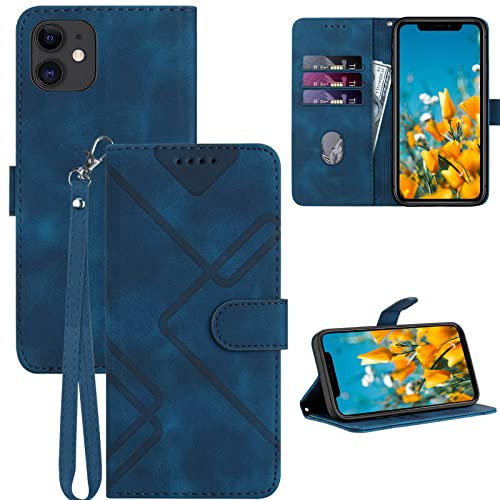 GOTOURED for iPhone 11 Phone Case Wallet, Card Holder Leather, Wrist Strap, Magnetic Closure, Kickstand, Shockproof Protective Pattern Flip Cover (Blue)