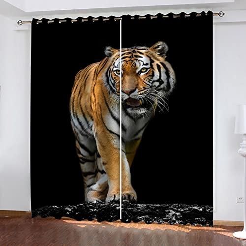 Hundnsney Vorhänge Wohnzimmer Modern Blickdicht 2Er Set 3D Tier-Tiger-Druck Muster Schlaufenschal Verdunkelungsvorhang Vorhänge Lärmminderung Gardinen Fensterdekoration 140X110cm(HxB)