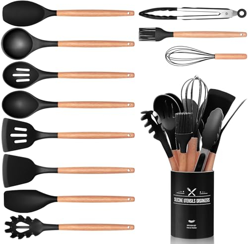 12 PCS Kitchen Utensil Set, Silicone Cooking Utensils with Holder, Natural Wooden Handle Cookware Tongs Spatula Spoon Set, Non Stick & Heat Resistant, Dishwasher Safe (Black)