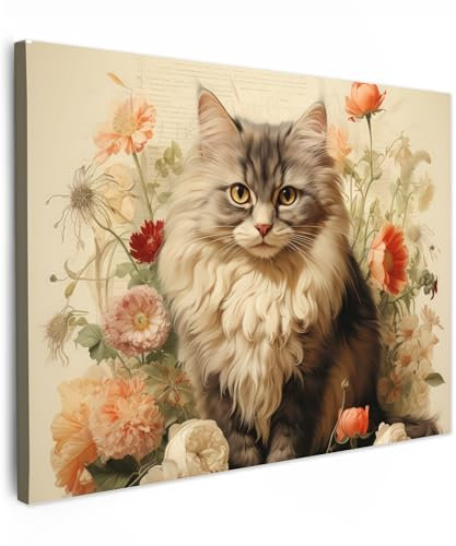 MuchoWow© Impression sur Toile Decoration Murale Peinture 70x50 cm Tableaux Decoratifs Muraux Déco Chambre Tableau Salon Vintage - Chat - Fleurs - Blanc - Nature - Animaux