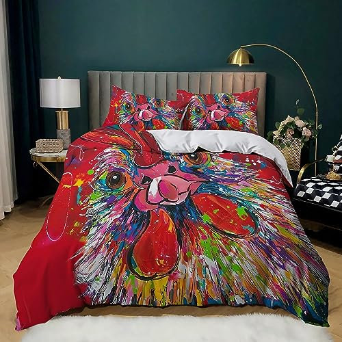 Bettwäsche 200x200 3 teilig Soft Microfaser Bettwäsche Set Bemaltes Tierhuhn Muster Bettbezug mit Reißverschluss und 2 Kissenbezug 80x80 cm für Kinder und Erwachsene