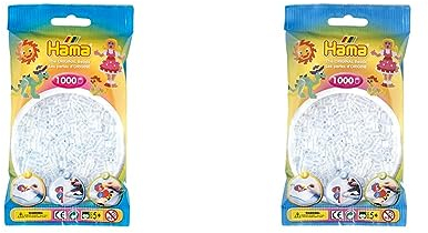 Hama Perlen 207-19 Bügelperlen Beutel mit ca. 1.000 Midi Bastelperlen mit Durchmesser 5 mm in transparent Weiß, kreativer Bastelspaß für Groß und Klein (Packung mit 2)