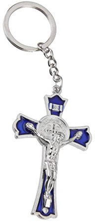 Paowsietiviity Porte-clés crucifix Jésus Sainte Croix Porte-clés religieux Catholique Cadeau d'anniversaire, Bleu + argenté, taille unique