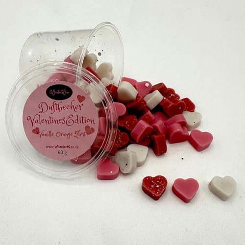 WonderWax | Becher Duftwachs Wax Melts Valentin Herzen | 100% Sojawachs Raumduft Bio Glitzer | Geschenk Set für Raumdüfte | Hochzeiten,Geburtstag,Valentinstag,Muttertag | Spicy Vanille Orange Zimt