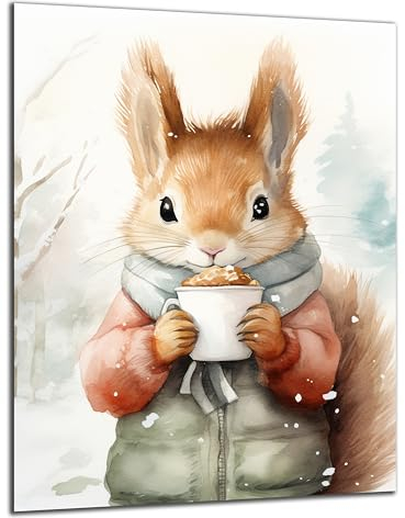 Munera Design - Bild 40x60 - süße Tiere Wasserfarben Eichhörnchen Tasse - Wand-Bilder Kinder-Zimmer