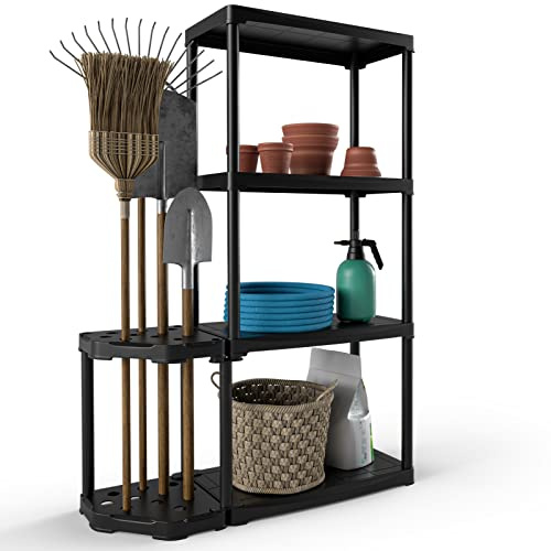 GOPLUS 4-stufiges Regal mit 2-stufigem Werkzeug-Organisator, hochbelastbares Standregal mit Mophalter, Steckregal mit 12 Löchern für Eingangsbereich, Garten & Werkstatt, Schwarz