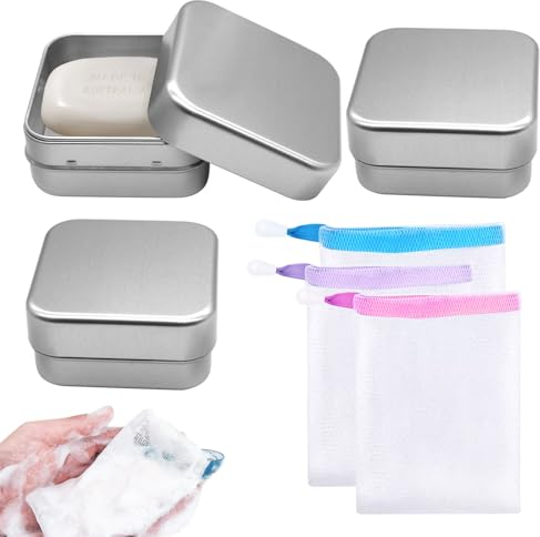 TETEWEVER 3 Stück Seifendose Reise Aus Aluminium, Seifenbox mit Abtropfgitter und Seifensäckchen, Seifenschale mit Deckel, Soap Box für Rasierseife und Festes Shampoo Duschgel