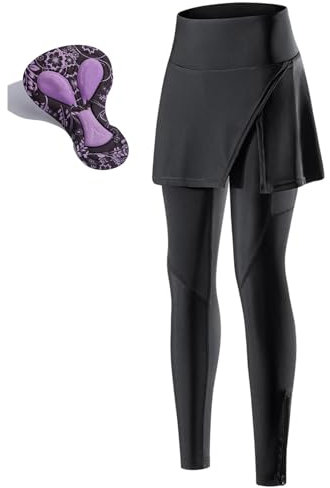Radlerhose Damen Lang Gepolstert mit Rock, Fahrradhose Frauen Leggings High Waist Fahrradrock Atmungsaktiv Schnell Trocknend Radhose mit Tasche(S)
