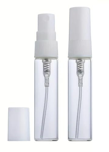 CMJ™ 2 botellas de spray de vidrio transparente de 5 ml con tapa blanca, atomizador de muestras líquidas, perfume de viaje, Reino Unido