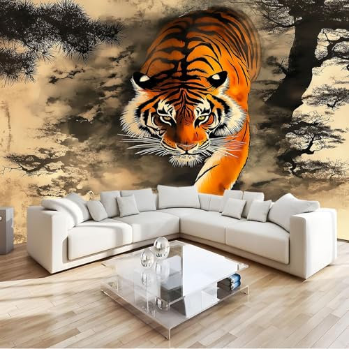 Aquarelle Papier Peint 3D Panoramique Animal Tigre Brun Tapisserie Mural Moderne Fresque, Poster Geant Mural, Pour Salon Chambre Fond Tv Style Déco 400 X 280 Cm