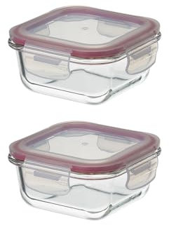 LOLAhome | Set 2 o 4 Fiambreras Cristal con Tapa | Recipiente Hermético para Alimentos | Organizador Cocina Nevera y Frigorífico | Envase Apto Microondas (Set 2 Cuadrado, De 310 ml)