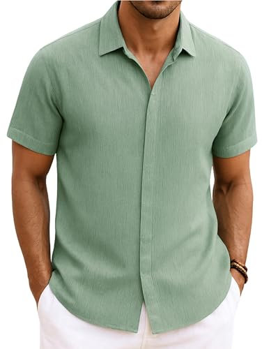 Enlision Men's Light Green Shirts Short Sleeve Casual Lightweight Summer Beach Shirt Button Up L