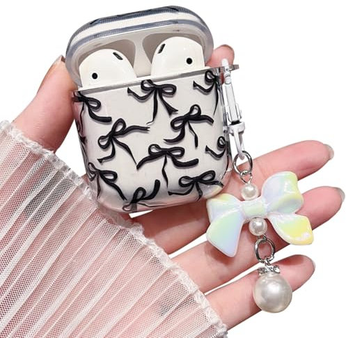 MINSCOSE Kompatibel mit AirPods 1&2 Klar Hülle,Niedliche Bogen Hübsches Ästhetisches Design mit Bogen Perle Schlüsselanhänger,Weiche TPU Schützende Stoßfestes Hülle für Mädchen für Airpod 1&2-Schwarz