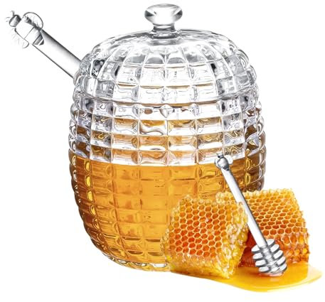 Glass Honey Pot,Crystal Honey Jar with 1 Dippers,honey container,Honey Dipper Stick and Jar Set,Glass honey dispenser Handmade Beehive Honey Jar with Dipper(9oz)