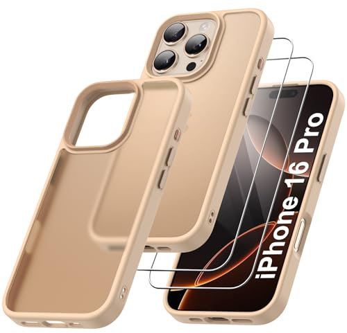 Qasyfanc Matt Handyhülle Kompatibel mit iPhone 16 Pro, Hülle mit Kameraschutz und 2 Stück Schutzfolie, Hard PC Nie Vergilbung Case Militärschutz Kratzfest rutschfest Schutzhülle, Titan Wüstensand
