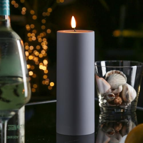 MARELIDA LED Kerze Outdoor DELUXE Homeart mit realistischer 3D Flamme Stumpenkerze Kunststoff für Innen/Außen grau (D: 7,5cm - H: 20cm)