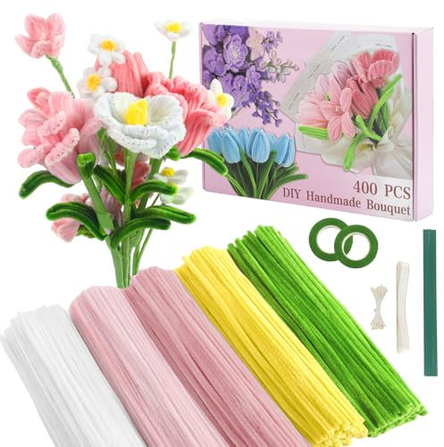 GENHH Pfeifenreiniger Blumen Bastelset, 400 Stück Pfeifenputzer zum Basteln, Bouquet Pfeifenreiniger Set 5 Farben Pipe Cleaner Chenilledraht für DIY Blumenstrauß Papier Geschenke Dekorieren(Rosa)