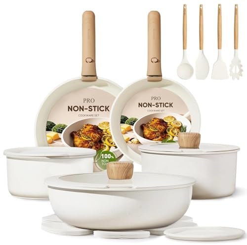 CAROTE Set da 17 pentole e padelle antiaderenti, con manico staccabile, pentole e padelle da cucina a induzione, set di cottura antiaderente, adatto per forno/lavastoviglie/frigorifero, salvaspazio