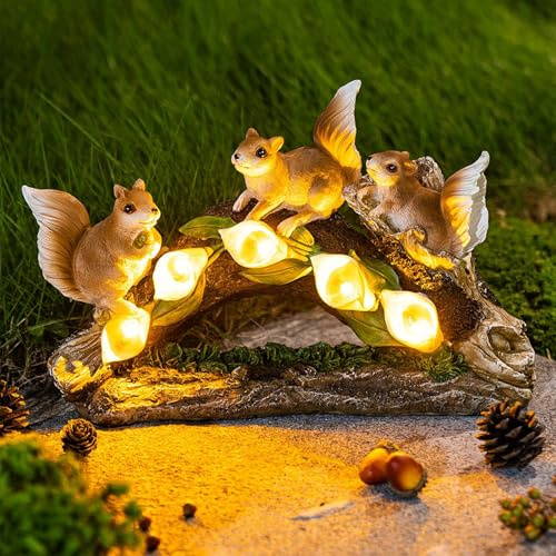 Tuzsocr Eichhörnchen Gartenfiguren für Außen,Eichhörnchen Statue mit Solar Laterne,Garten Dekor Einzigartige Geschenke für Mama,Harzskulptur Tierstatuen Figuren für Draußen,Rasen,Hof,Terrasse,Balkone