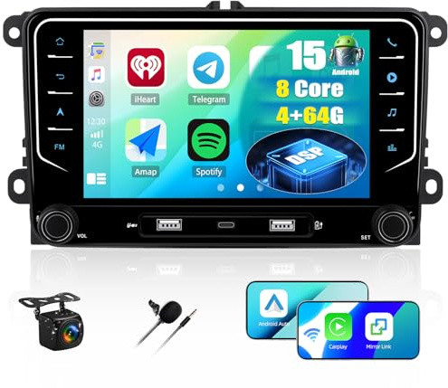CAMECHO 4GB+64GB Radio Coche Android con Pantalla para VW Caddy 2K 2003-2015, CarPlay Inalámbrico Android Auto, 7 IPS Táctil, GPS Navegación, Pantalla Dividida, CANBUS, Cámara AHD Incluida