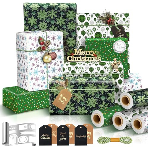 Papier Cadeau Noel 4 Gros Rouleau, 43 × 300CM Rouleau Papier Cadeau Noel, Emballage Cadeaux Noël Rouleaus, Blanc Papier Kraft Rouleaus, Avec 10m Corde Emballage + 6 Noël Étiquette + 8 Autocollant
