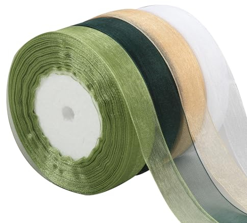 4 Rollen Organzaband 45m x 20mm, Transparentes Dekoband Chiffonband für Geschenk, Weiß, Hellgold, Hellolivgrün, Türkisgrün, Geschenkband, Schleifenband Hochzeit, Geschenkbänder, Organza Stoff