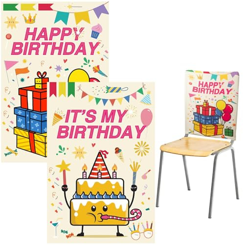 CharmBurst 2er Set Happy Birthday Stuhlhussen Für Klassenzimmer, Wiederverwendbare Stuhlabdeckung 42x57 cm, Party Dekoration Für Lehrer Und Schüler, Geburtstagsstuhlhusse